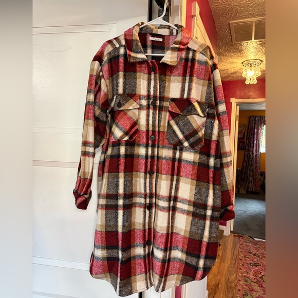 Maurices Red and Black Plaid Shirt Jacket - Picture 1 of 8
